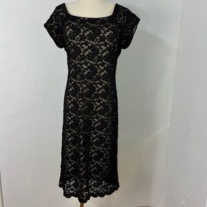 Little Black‎ Lace Dress Nude Lining Sheath Midi Size 10 Evening Grunge Romance
